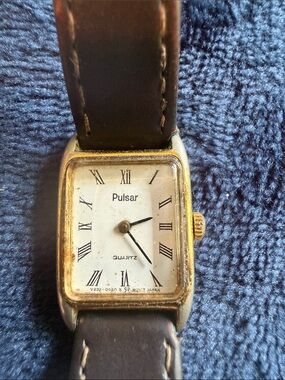 Pulsar Gold Tone Rectangular Watch with White Dial and Brown Strap
